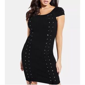 NWT Guess Black Ribbed Knit Lace-Up Dress